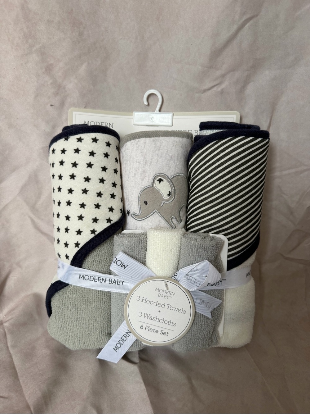 Modern Baby Gray & White Hooded Baby Towel and Washcloth Set